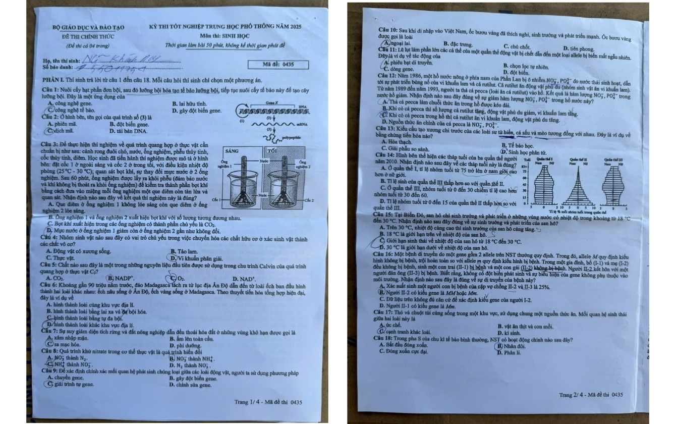Đề thi môn Sinh học mã 0435trang 1- 2