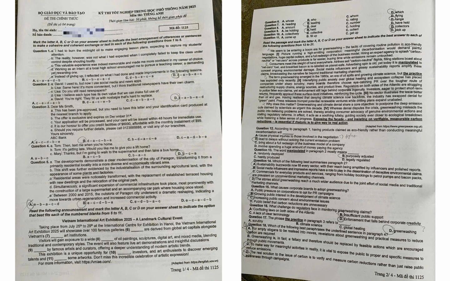 Đề thi môn tiếng Anh THPT 2025 mã đề  1125 trang 1, 2