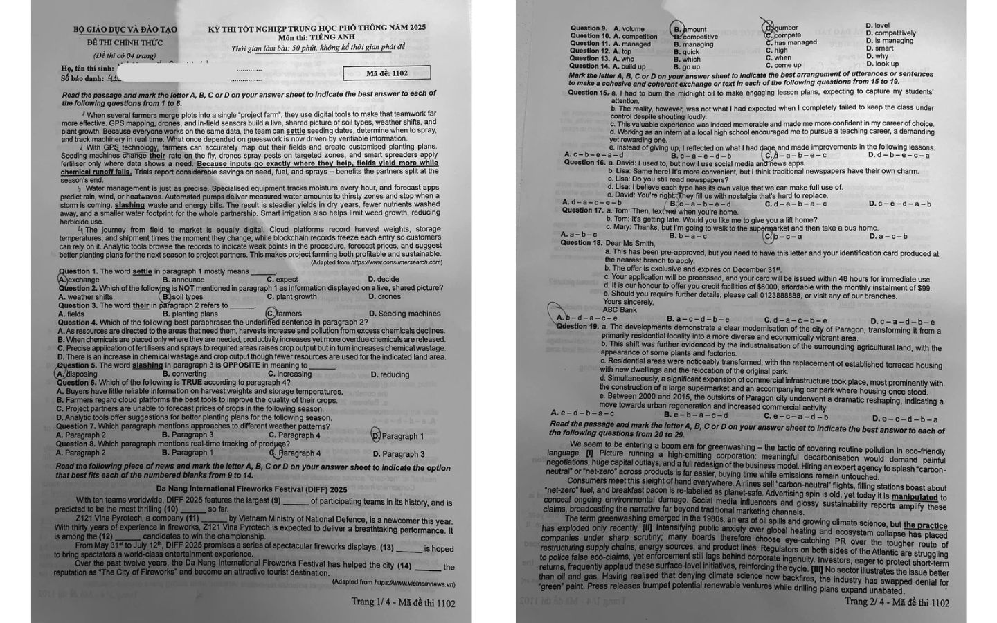 Đề thi môn tiếng Anh THPT 2025 mã đề  1102 trang 1, 2