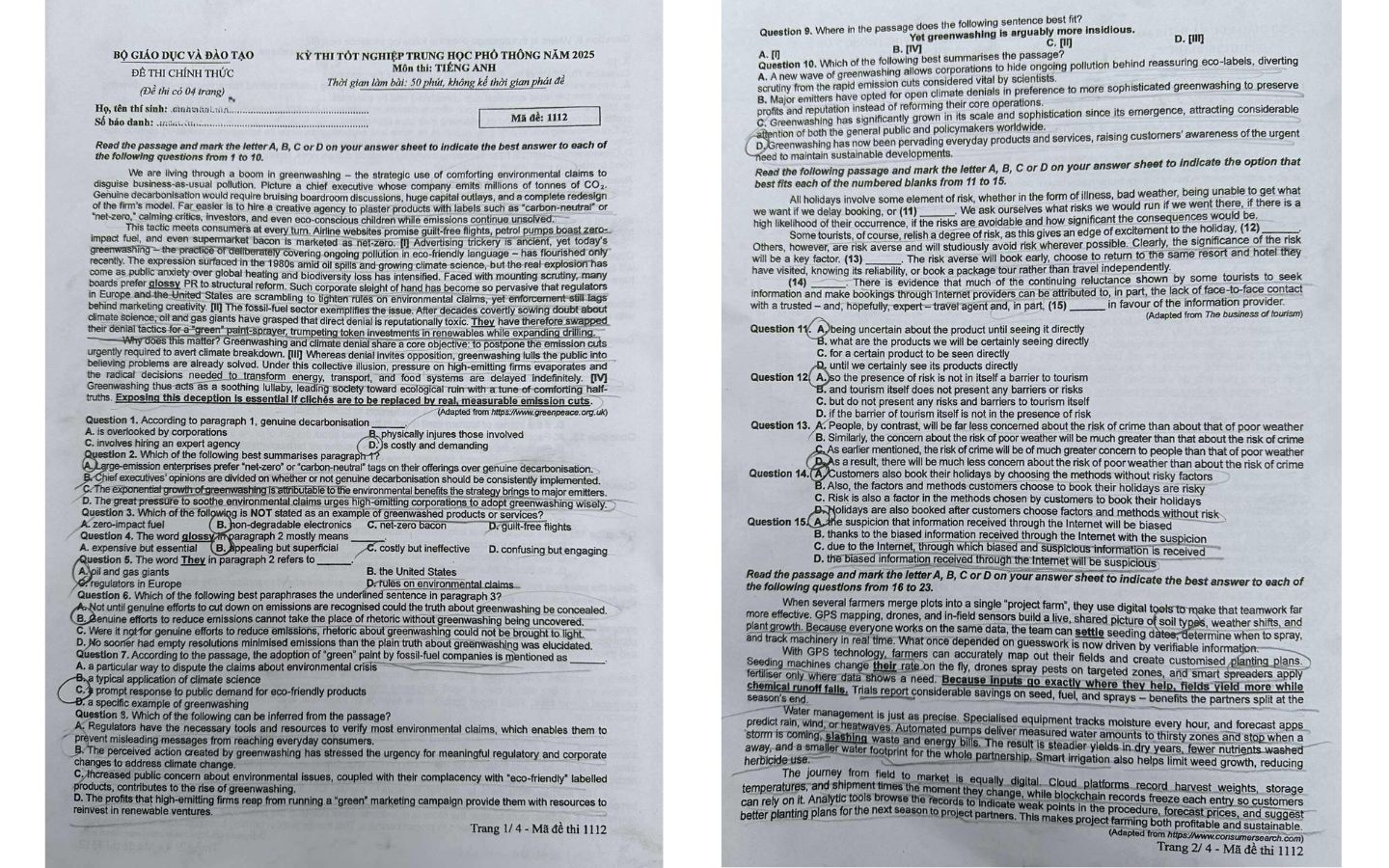 Đề thi môn tiếng Anh THPT 2025 mã đề 1112 trang 1, 2