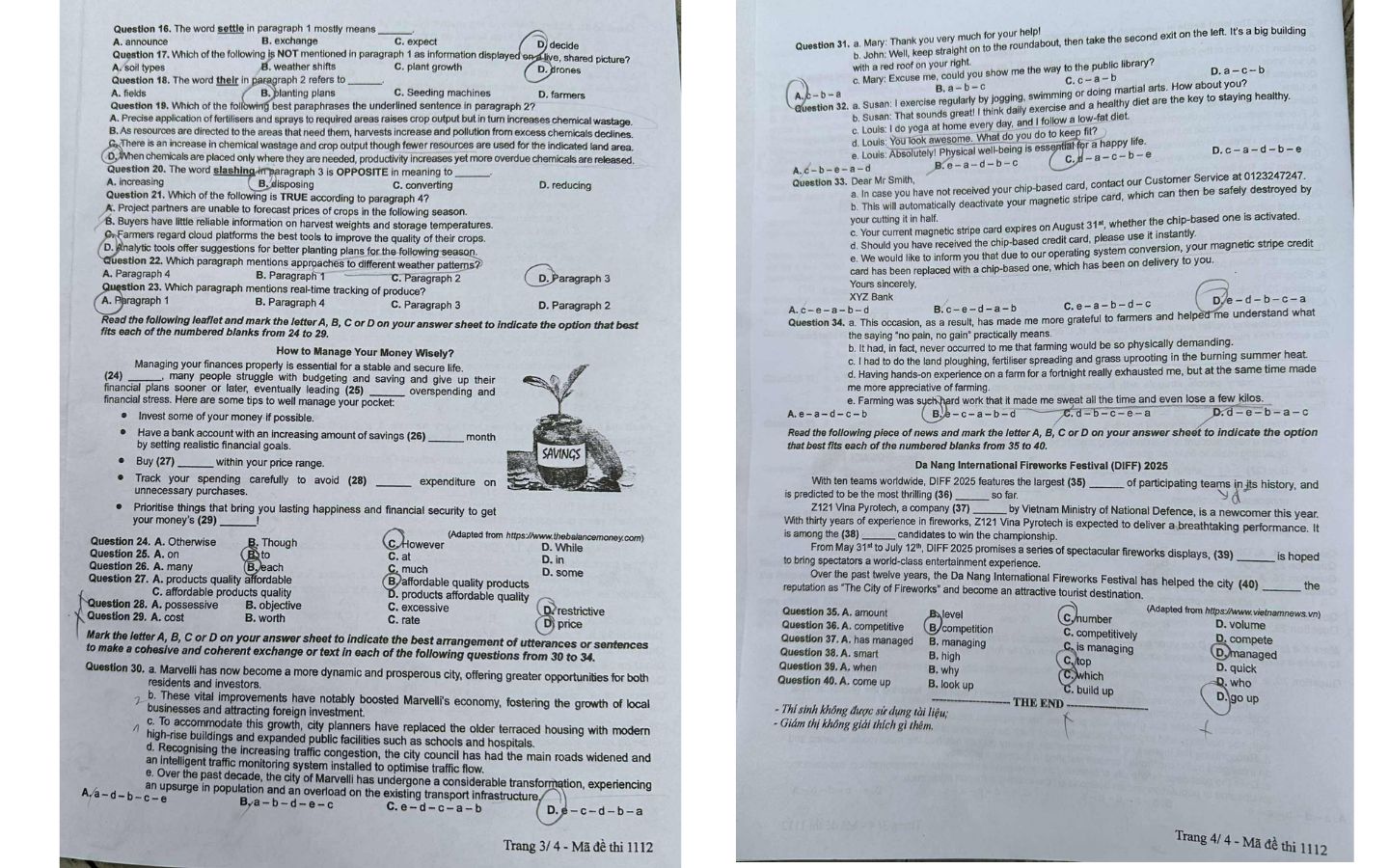 Đề thi môn tiếng Anh THPT 2025 mã đề 1112 trang 3, 4