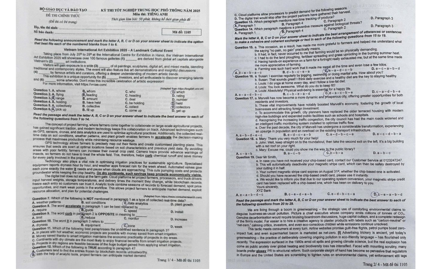 Đề thi môn tiếng Anh THPT 2025 mã đề 1105 trang 1, 2