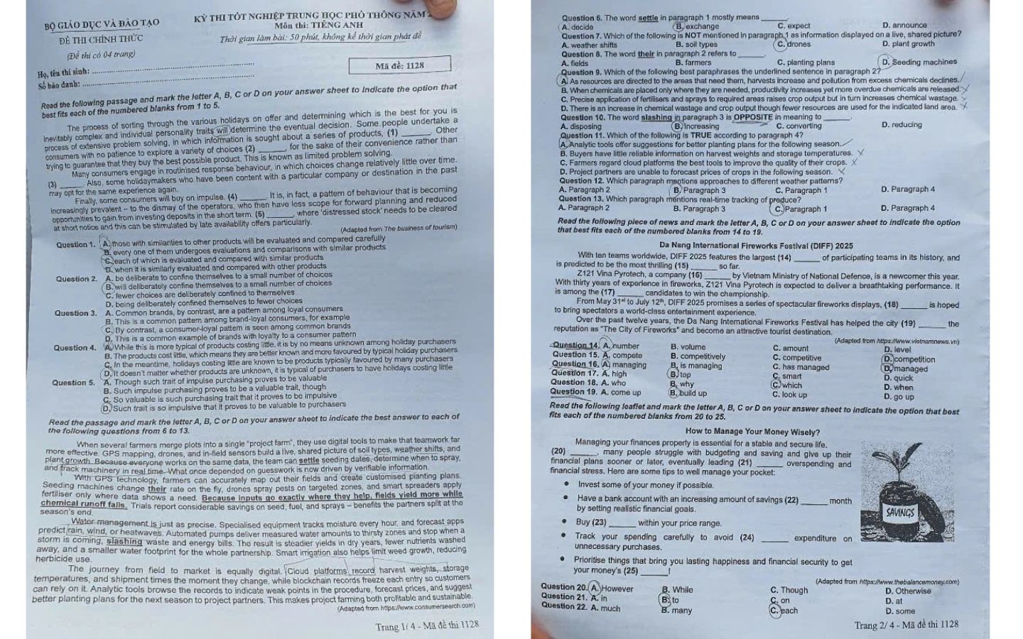 Đề thi môn tiếng Anh THPT 2025 mã đề 1128  trang 1, 2