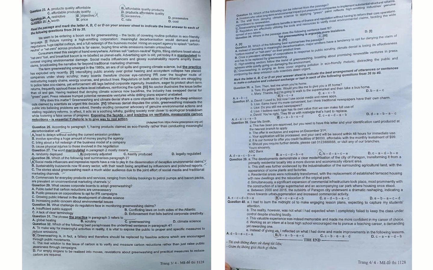 Đề thi môn tiếng Anh THPT 2025 mã đề  1128 trang 3, 4