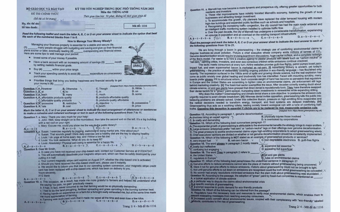 Đề thi môn tiếng Anh THPT 2025 mã đề   1116 trang 1, 2