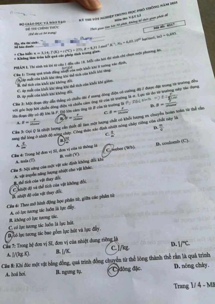 Đề thi môn Vật lý mã đề 0217 trang 1