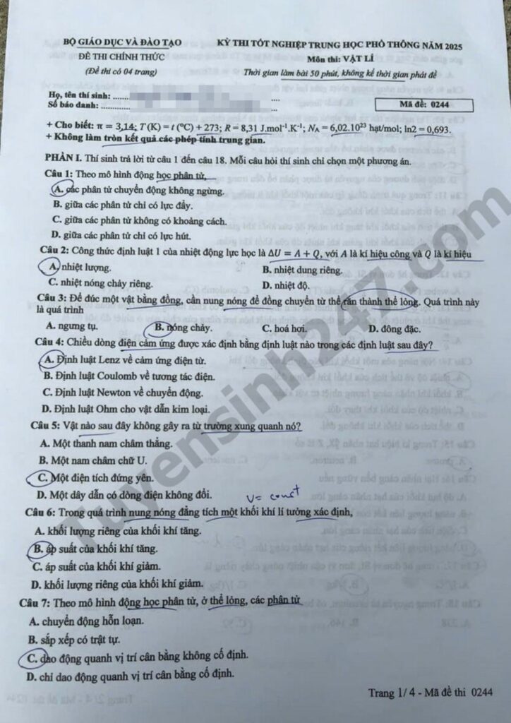 Đề thi môn Vật lý mã đề 0244 trang 1