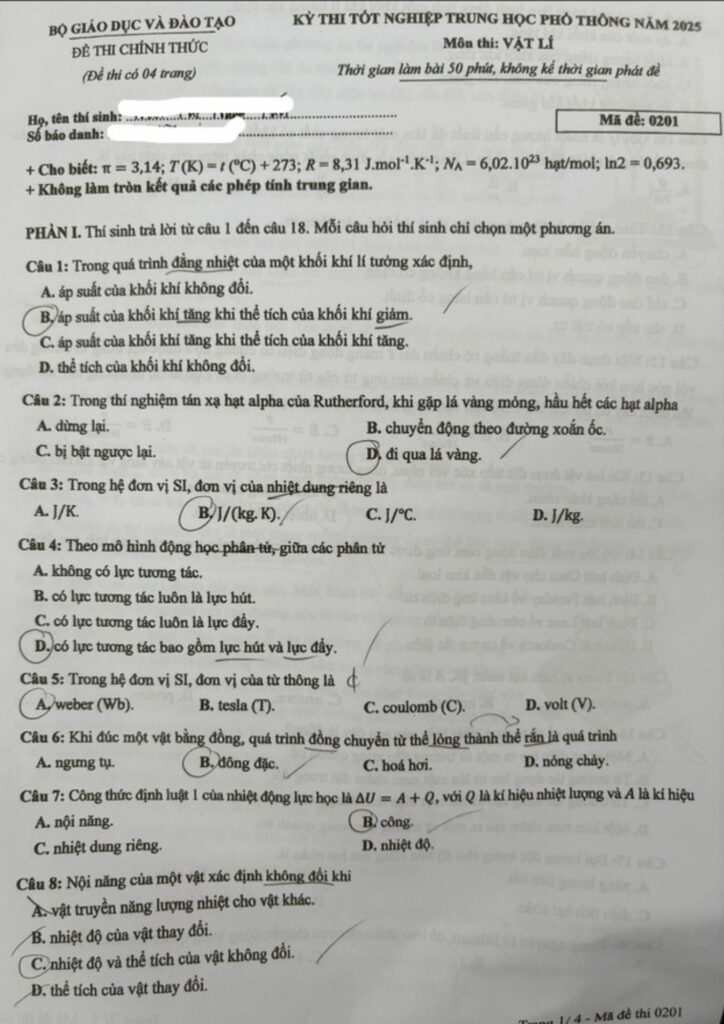 Đề thi môn Vật lý mã đề 0201 trang 1