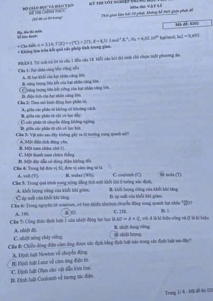 Đề thi môn Vật lý mã đề 0202 trang 1