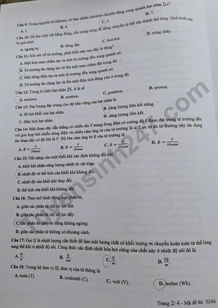 Đề thi môn Vật lý mã đề 0246 trang 2