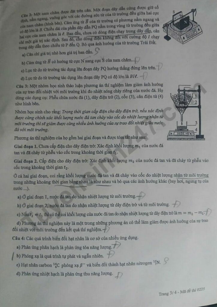 Đề thi môn Vật lý mã đề 0225 trang 3