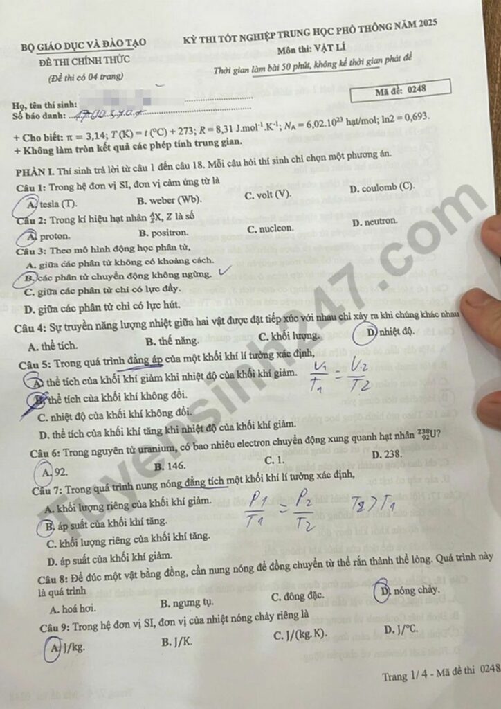 Đề thi môn Vật lý mã đề 0248 trang 1