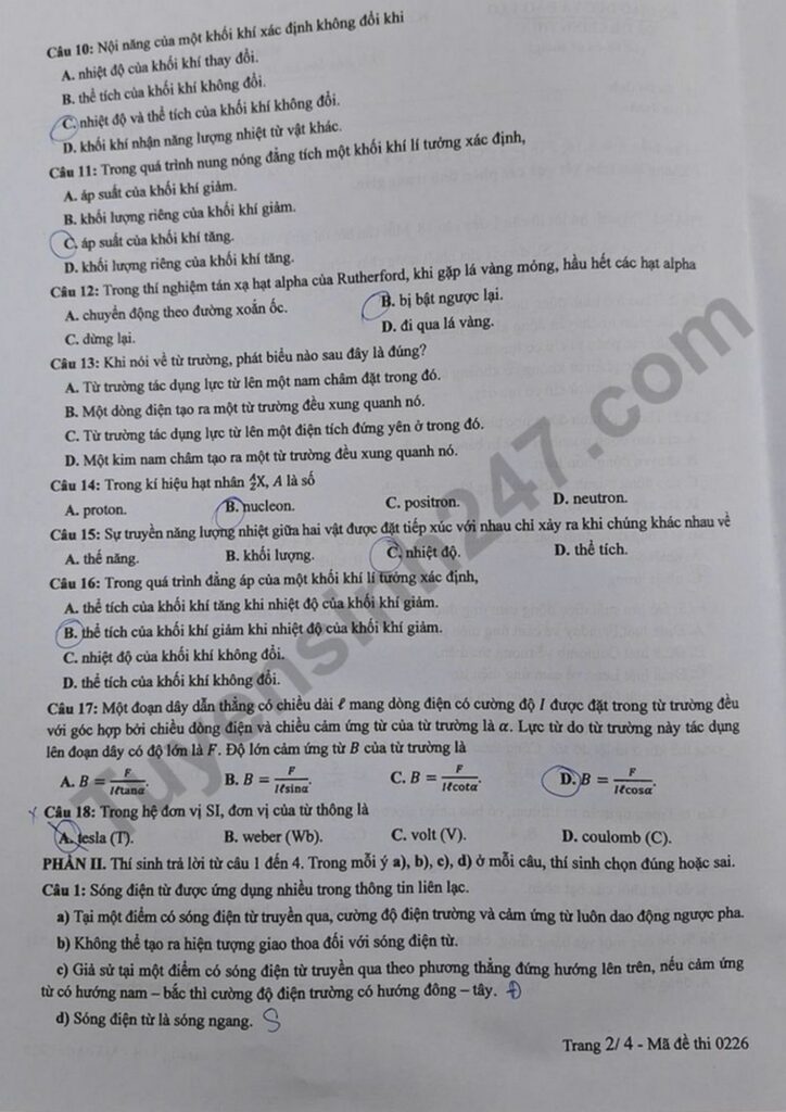 Đề thi môn Vật lý mã đề 0226 trang 2