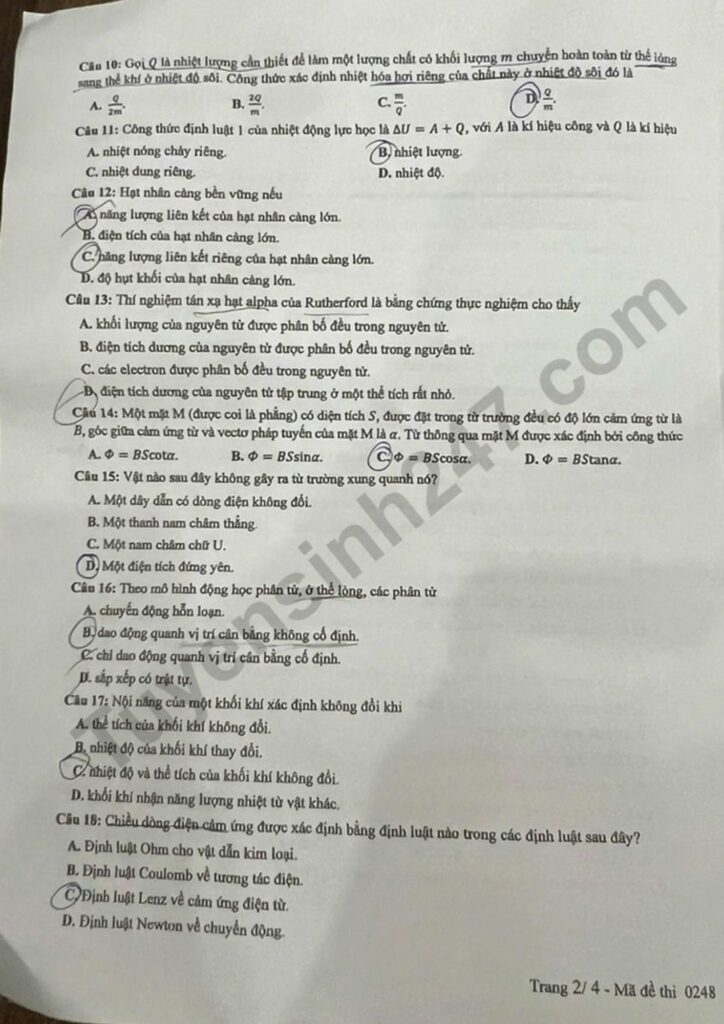 Đề thi môn Vật lý mã đề 0248 trang 2