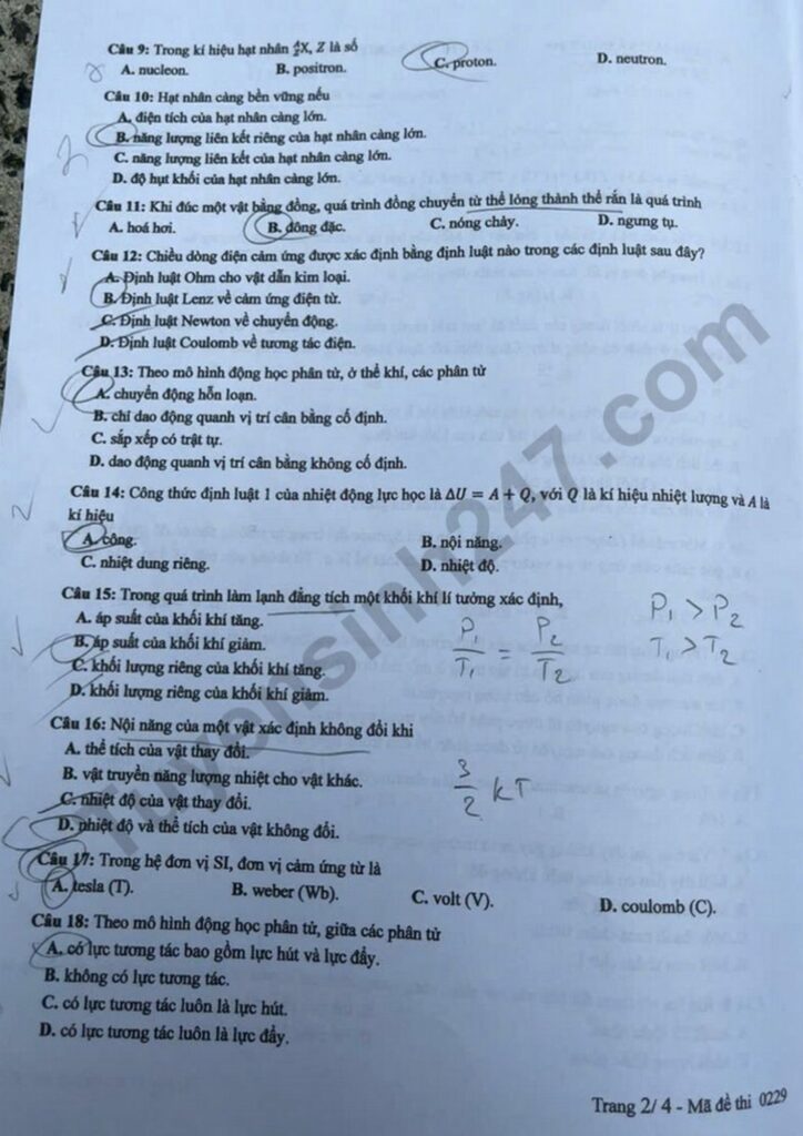 Đề thi môn Vật lý mã đề 0229 trang 2