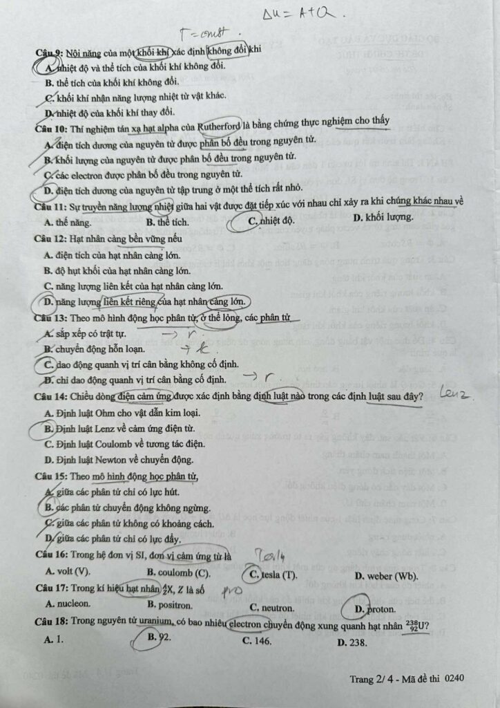 Đề thi môn Vật lý mã đề 0240 trang 2