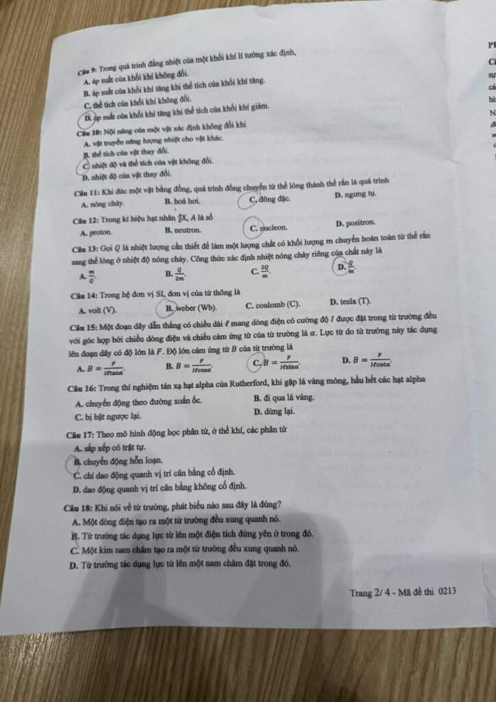 Đề thi môn Vật lý mã đề 0213 trang 2