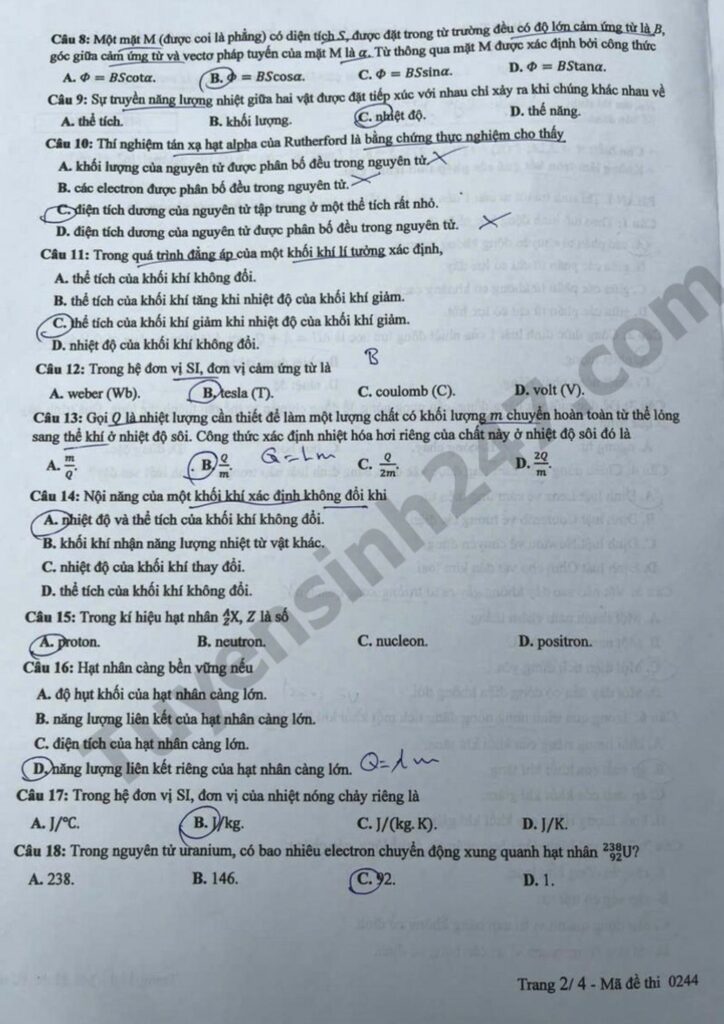 Đề thi môn Vật lý mã đề 0244 trang 2