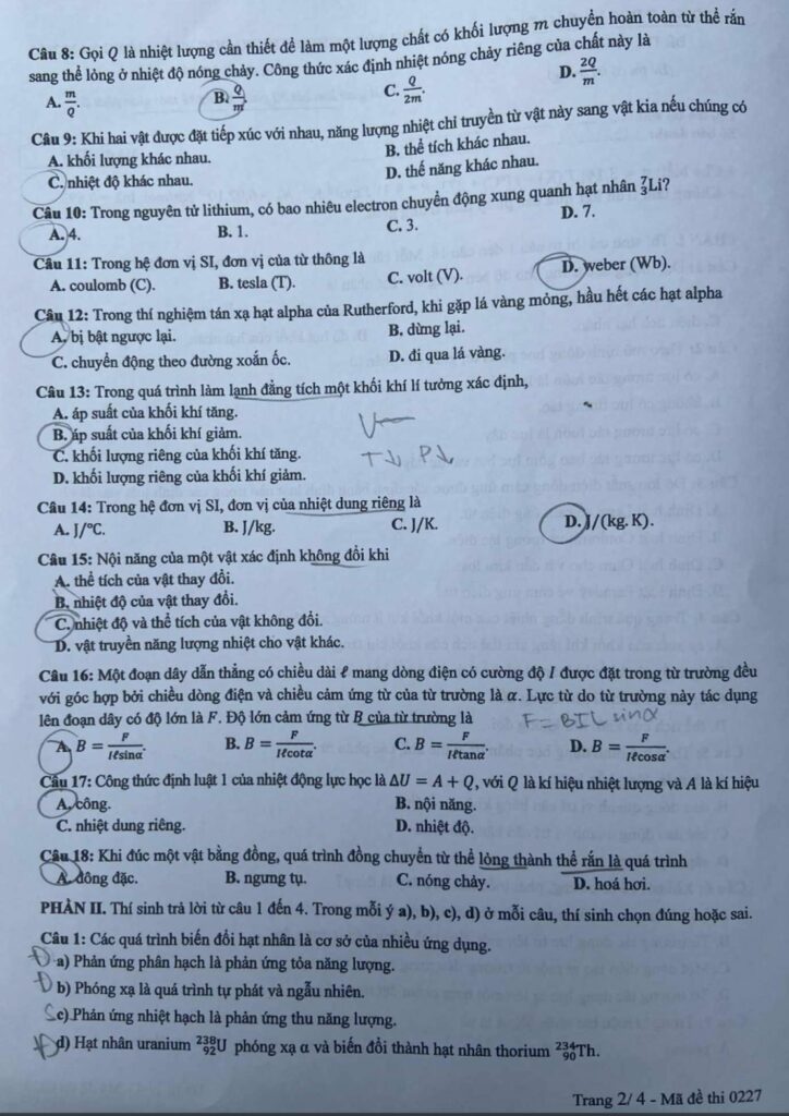 Đề thi môn Vật lý mã đề 0227 trang 2