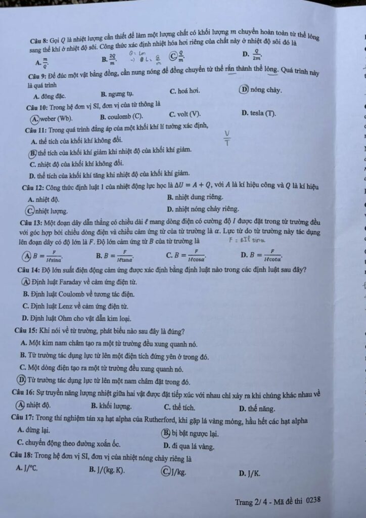 Đề thi môn Vật lý mã đề 0238 trang 2