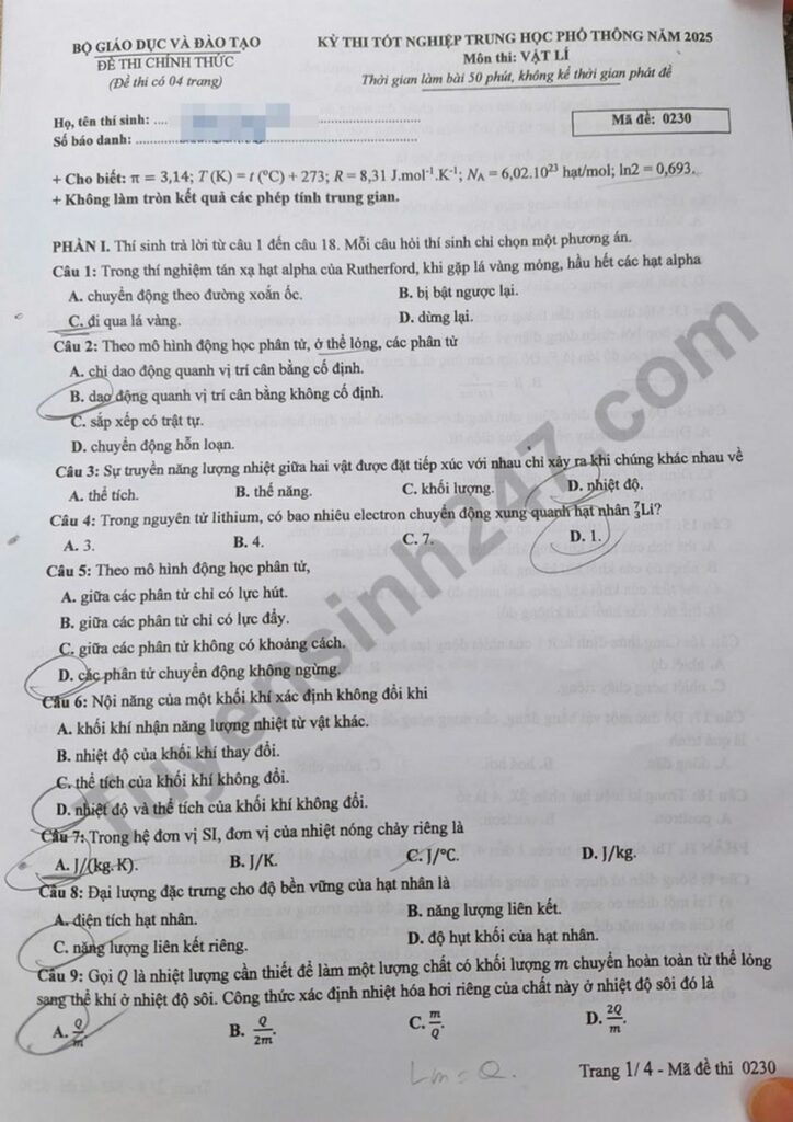 Đề thi môn Vật lý mã đề 0230 trang 1
