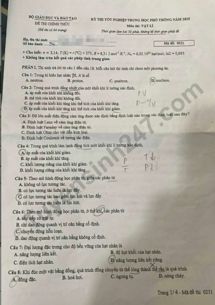 Đề thi môn Vật lý mã đề 0231 trang 1