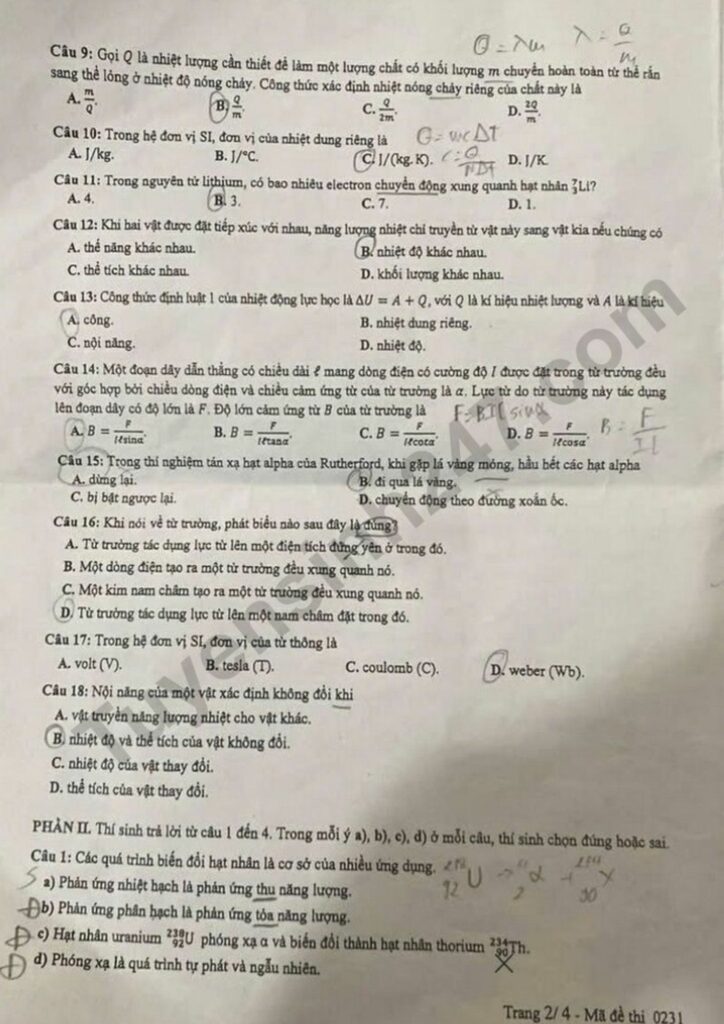 Đề thi môn Vật lý mã đề 0231 trang 2