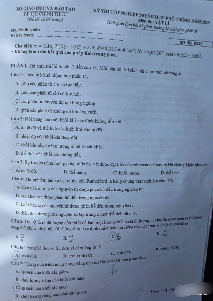 Đề thi môn Vật lý mã đề 0232 trang 1
