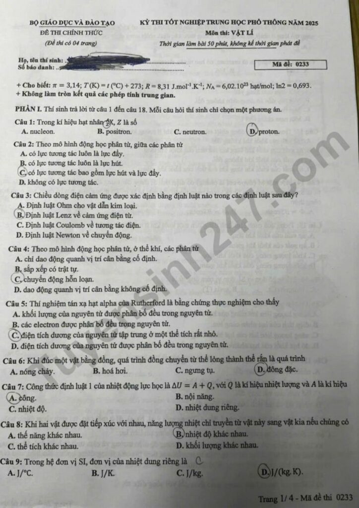Đề thi môn Vật lý mã đề 0233 trang 1