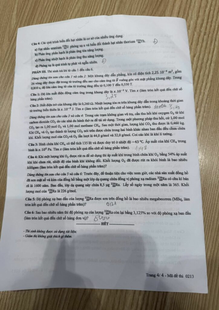 Đề thi môn Vật lý mã đề 0213 trang 4