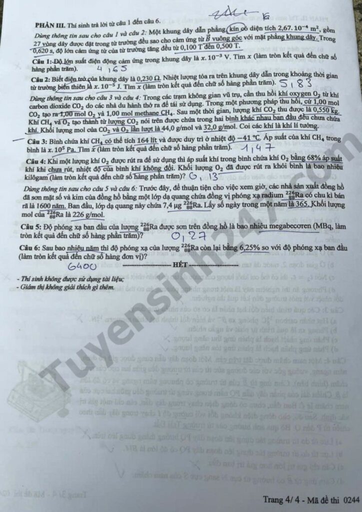 Đề thi môn Vật lý mã đề 0244 trang 4
