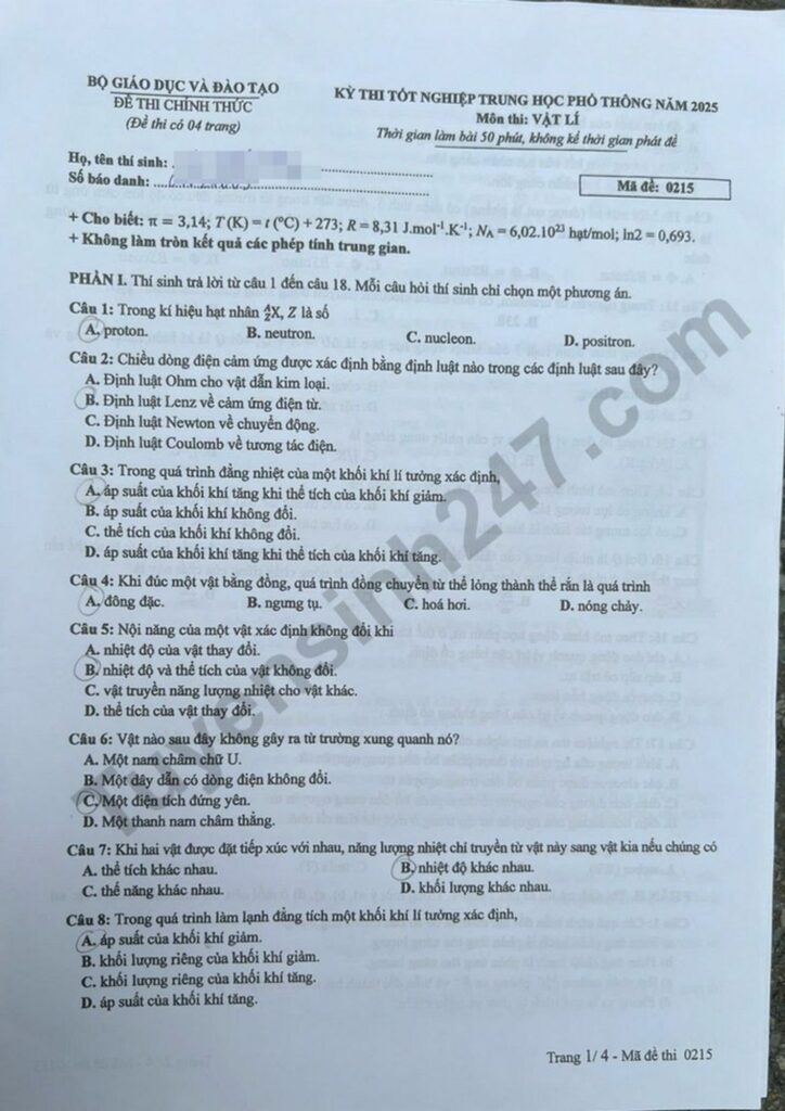 Đề thi môn Vật lý mã đề 0215 trang 1