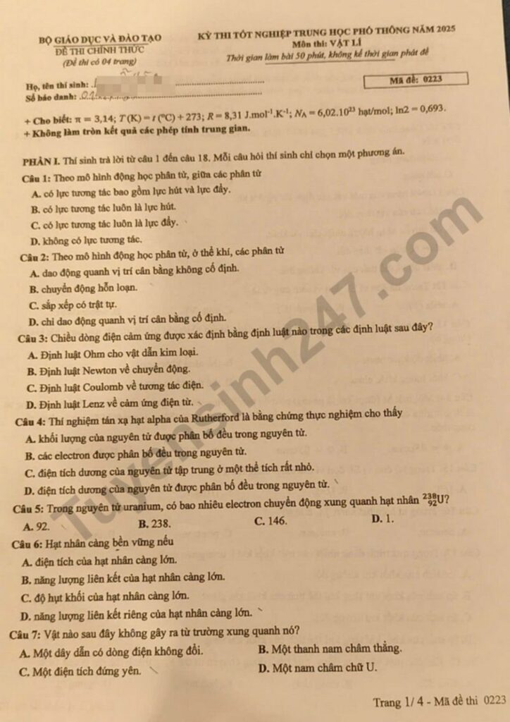 Đề thi môn Vật lý mã đề 0223 trang 1