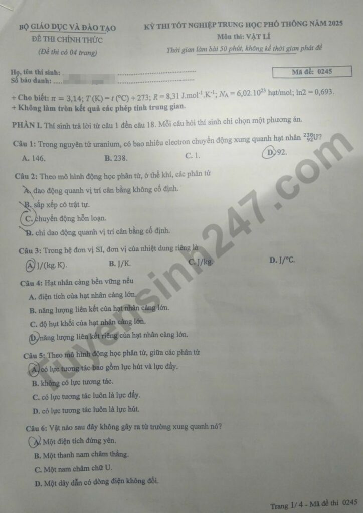 Đề thi môn Vật lý mã đề 0245 trang 1