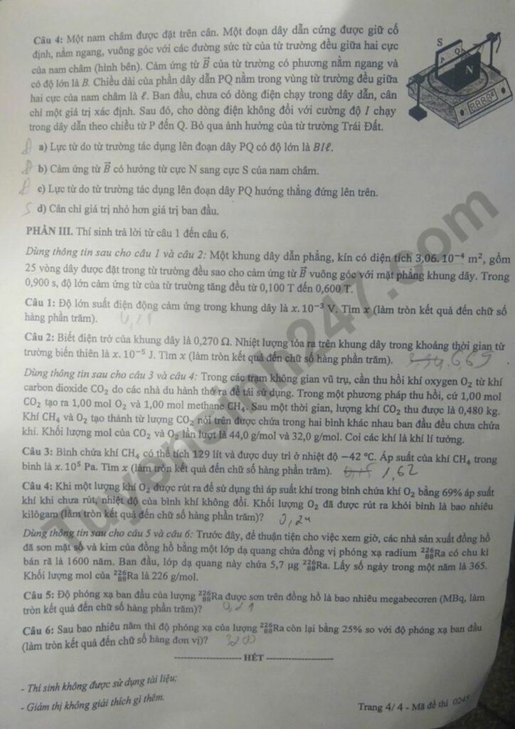 Đề thi môn Vật lý mã đề 0245 trang 4