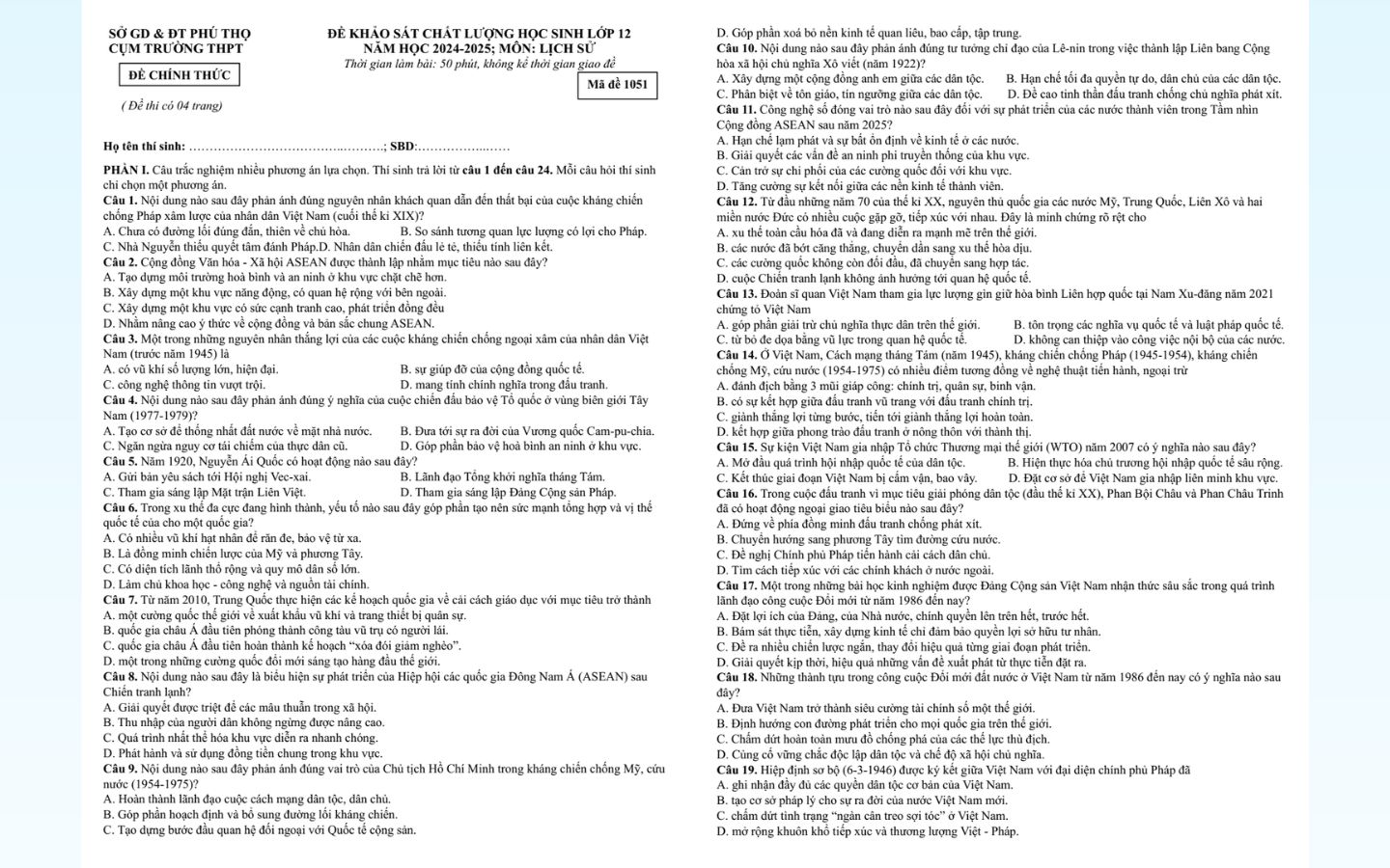 Đề thi thử tốt nghiệp THPT 2025 môn lịch sử Tỉnh An Giang