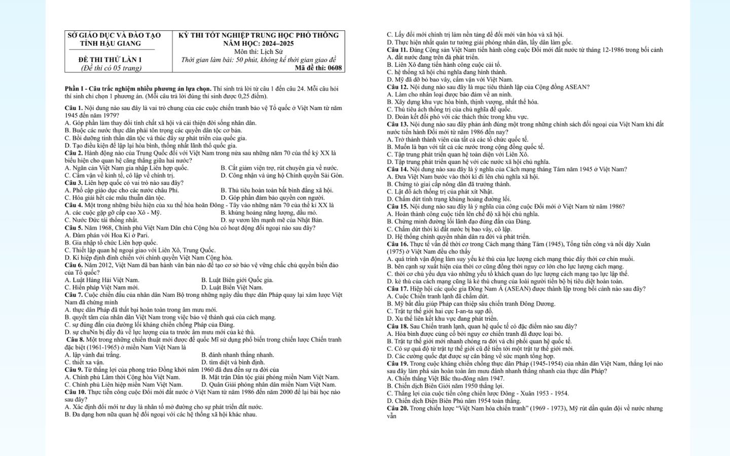 Đề thi thử tốt nghiệp THPT 2025 môn lịch sử sở GD&ĐT Hậu Giang