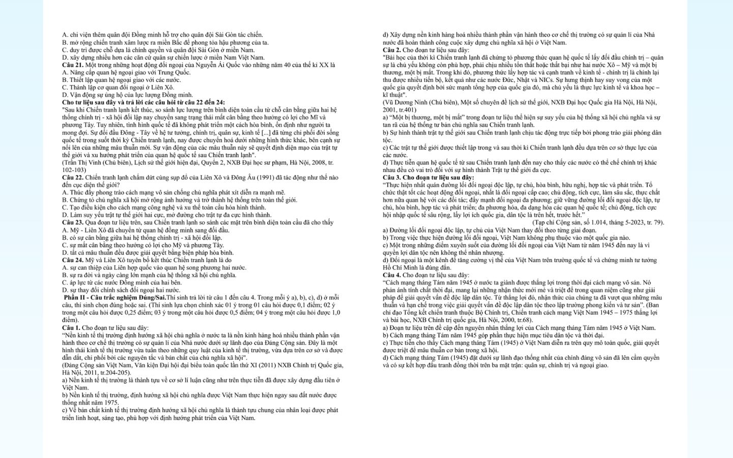 Tham khảo đề thi thử tốt nghiệp THPT 2025 môn lịch sử sở GD&ĐT Hậu Giang