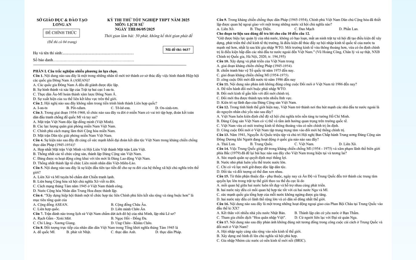 Đề thi thử tốt nghiệp THPT 2025 môn lịch sử sở GD&ĐT Long An