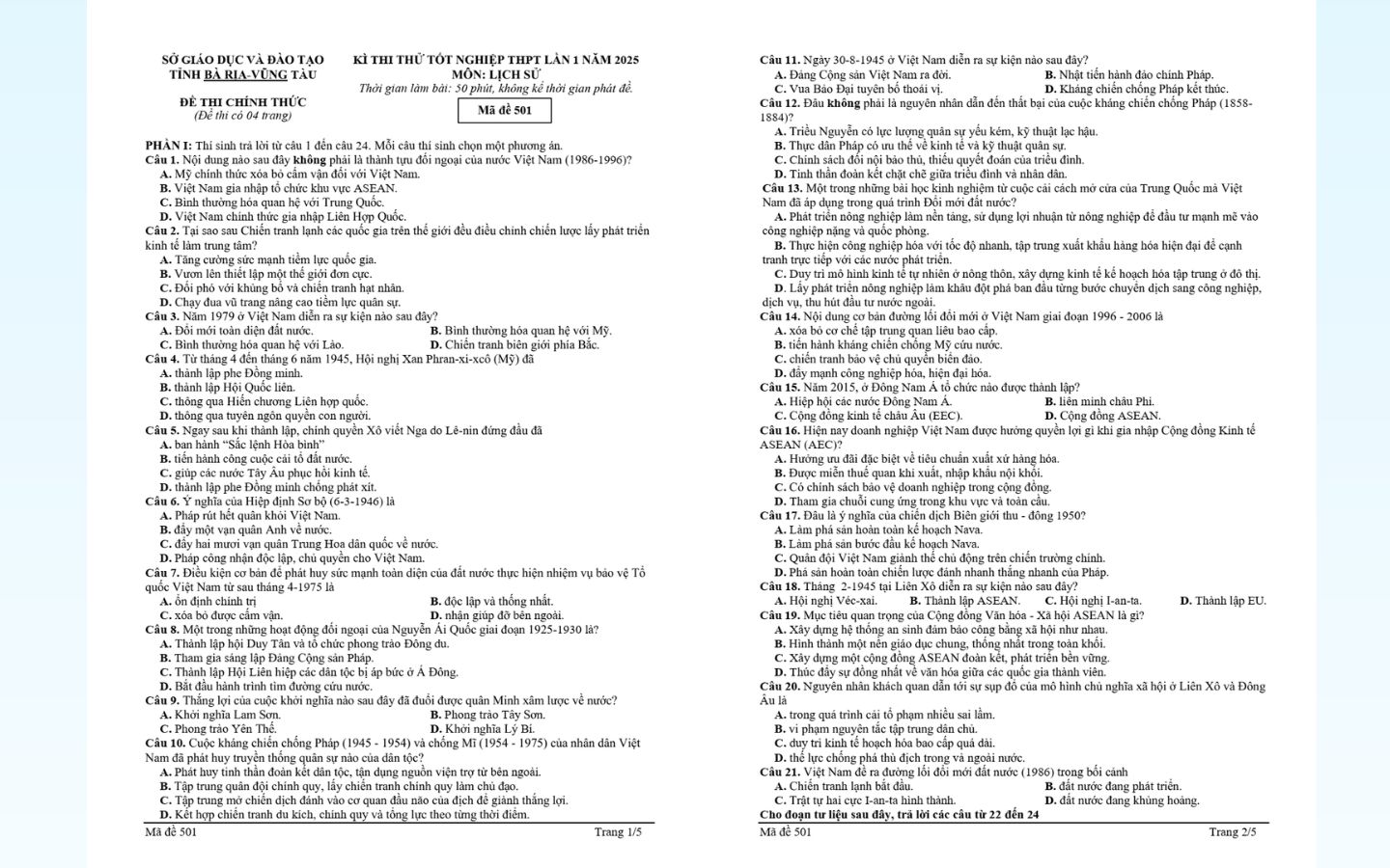 Đề thi thử tốt nghiệp THPT 2025 môn lịch sử sở GD&ĐT Bà Rịa - Vũng Tàu