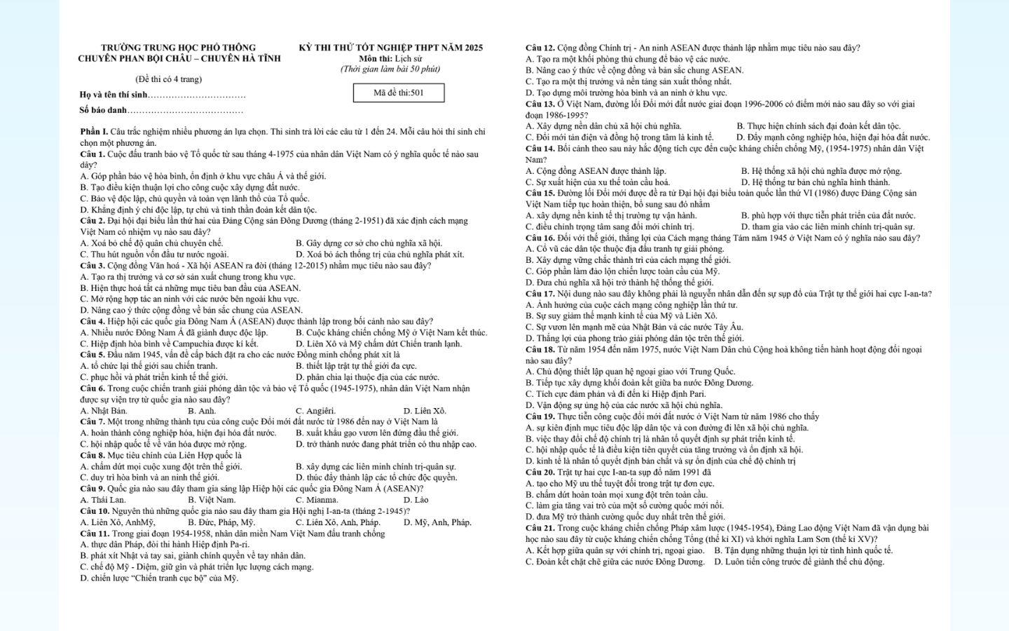 Đề thi thử tốt nghiệp THPT 2025 môn lịch sử trường THPT Chuyên Phan Bội Châu (Hà Tĩnh)