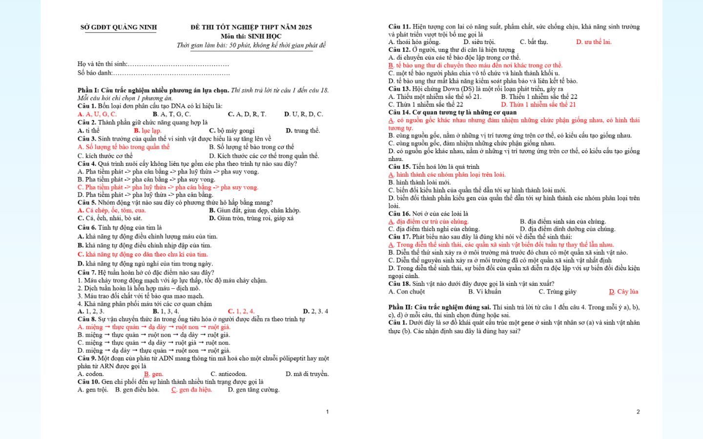 Trọn bộ đề thi thử tốt nghiệp THPT 2025 môn Sinh học có đáp án 8 Đề thi thử tốt nghiệp THPT 2025 môn sinh học tỉnh Quảng Ninh