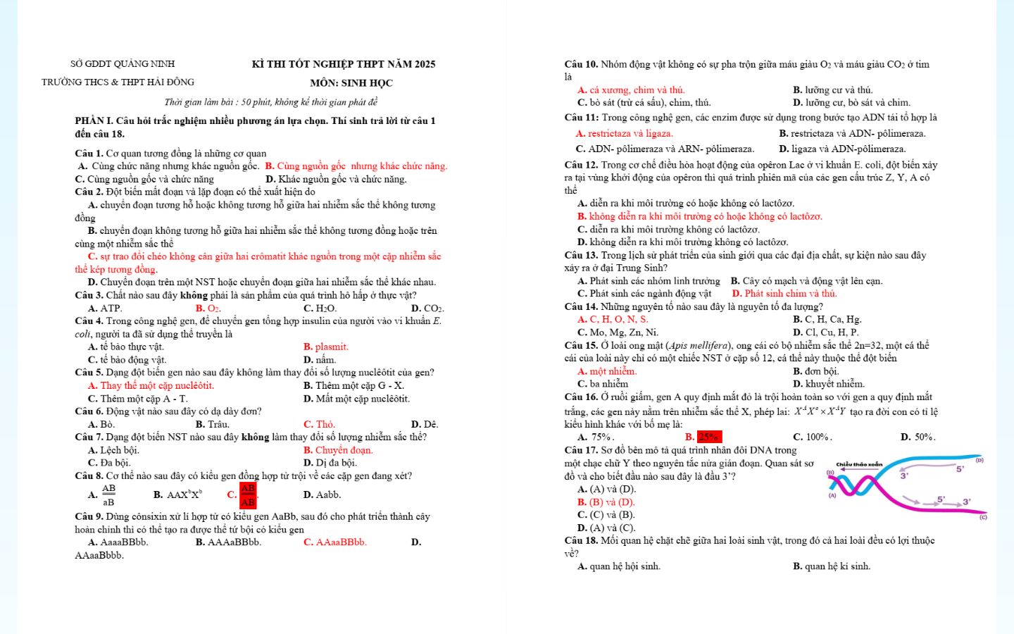 Trọn bộ đề thi thử tốt nghiệp THPT 2025 môn Sinh học có đáp án 6 Đề thi thử tốt nghiệp THPT 2025 môn sinh học trường THPT Hải Đông tỉnh Quảng Ninh có đáp án
