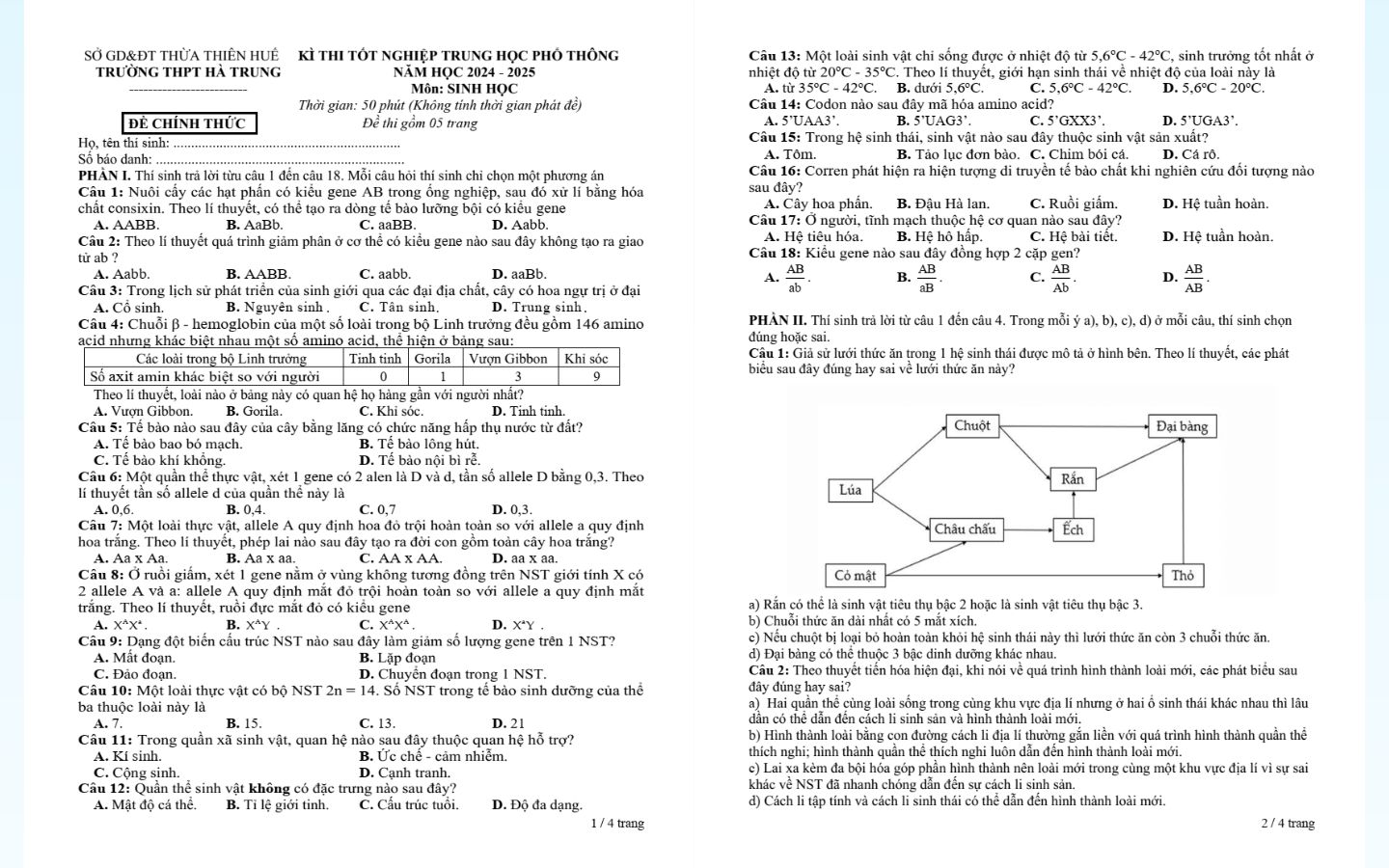 Trọn bộ đề thi thử tốt nghiệp THPT 2025 môn Sinh học có đáp án 22 Đề thi thử tốt nghiệp THPT 2025 môn sinh học trường THPT Hà Trung (Thừa Thiên Huế)