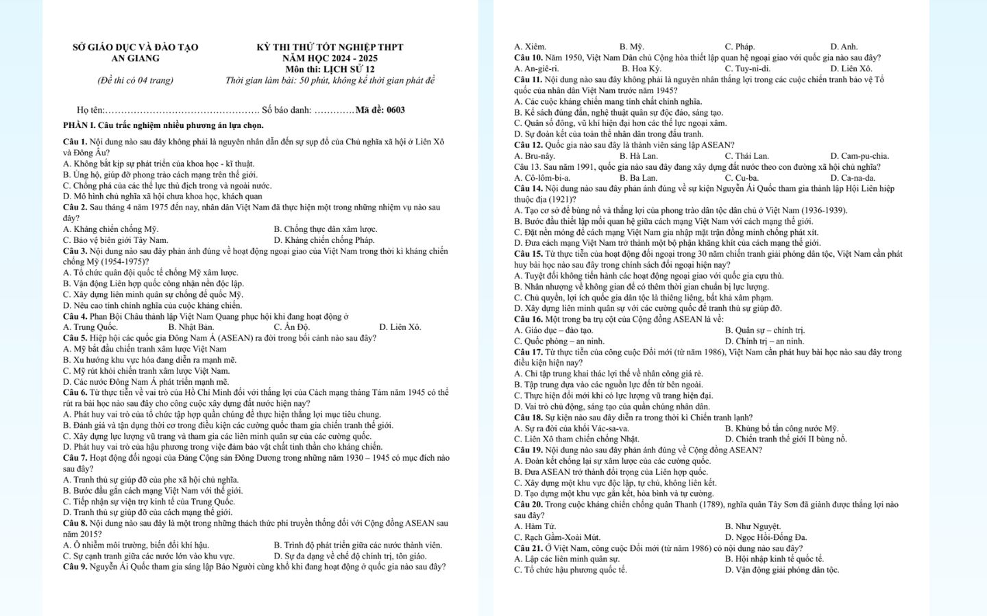 Tham khảo đề thi thử tốt nghiệp THPT 2025 môn lịch sử Tỉnh An Giang