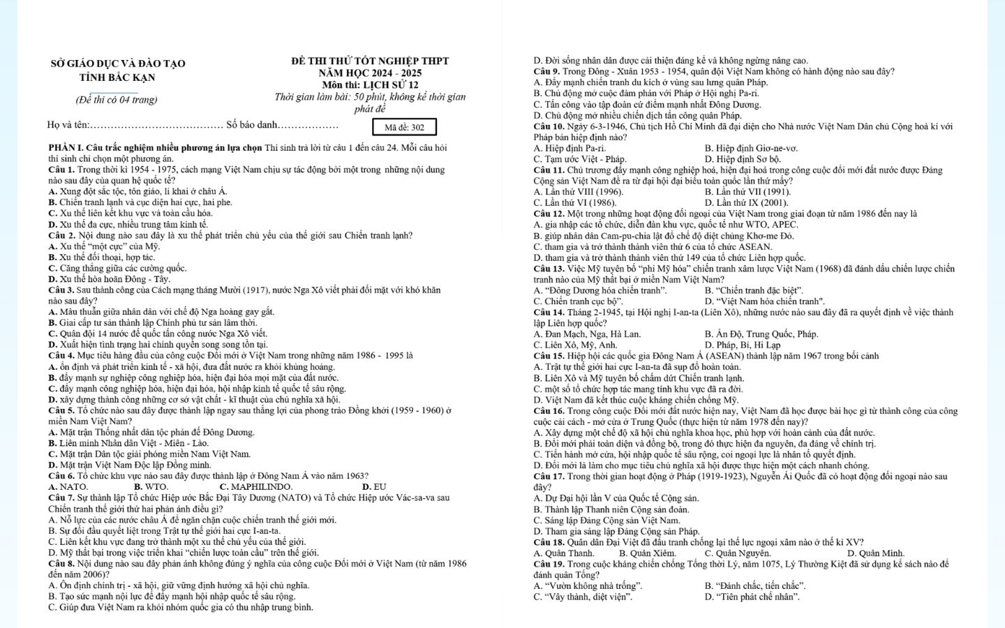 Chi tiết đề thi thử tốt nghiệp THPT 2025 môn lịch sử Tỉnh Bắc Kạn