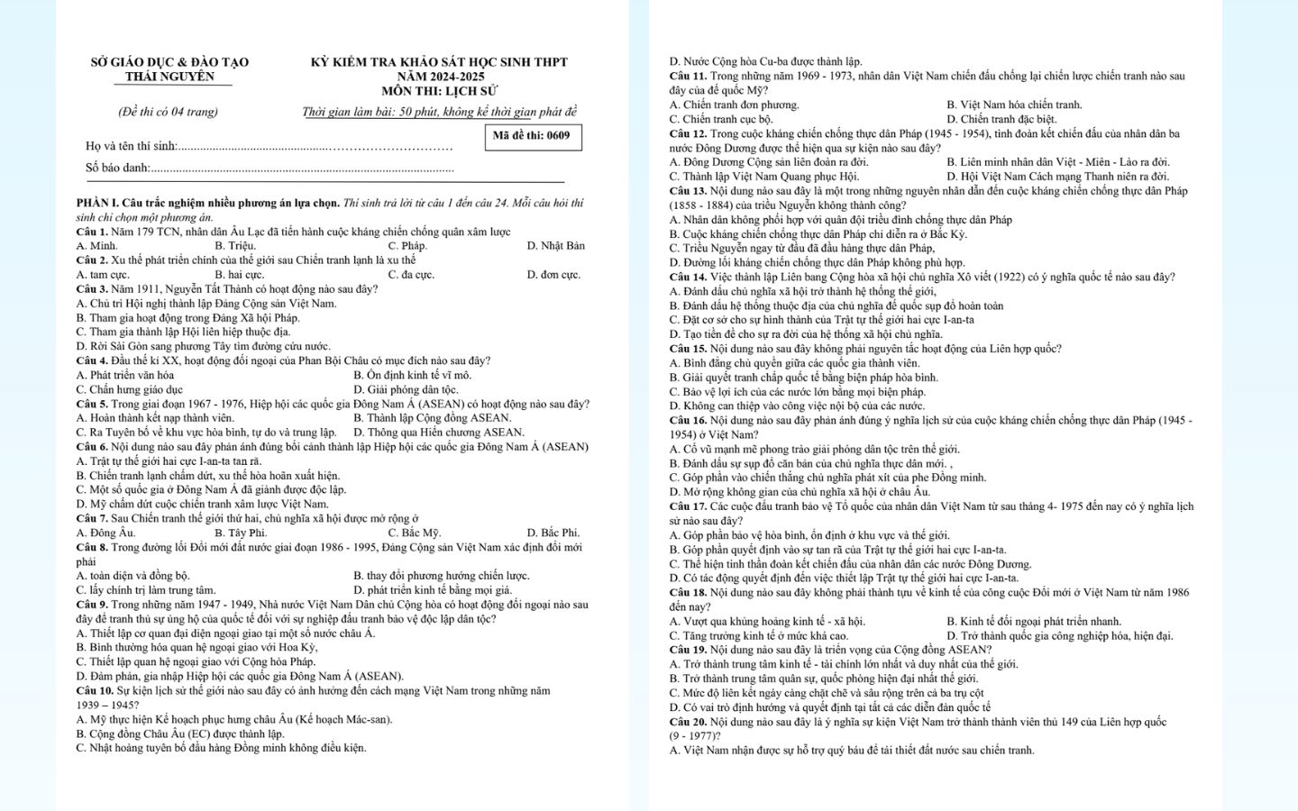 Chi tiết đề thi thử tốt nghiệp THPT 2025 môn lịch sử Tỉnh Thái Nguyên