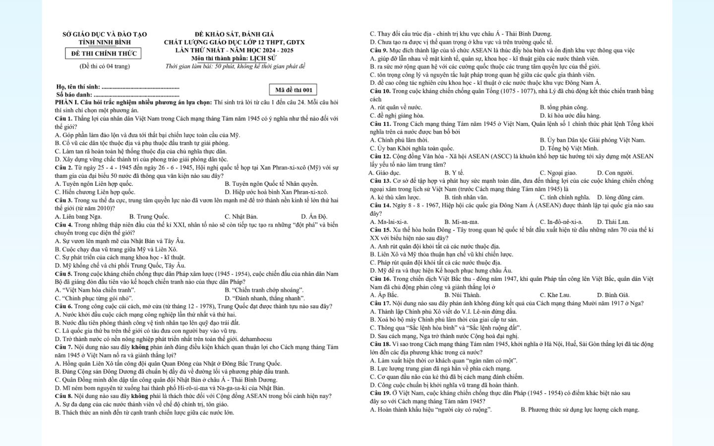  Chi tiết đề thi thử tốt nghiệp THPT 2025 môn lịch sử Tỉnh Ninh Bình