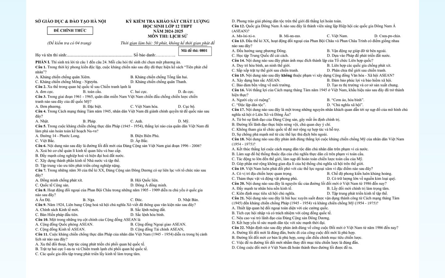 Chi tiết đề thi thử tốt nghiệp THPT 2025 môn lịch sử Thành Phố Hà Nội