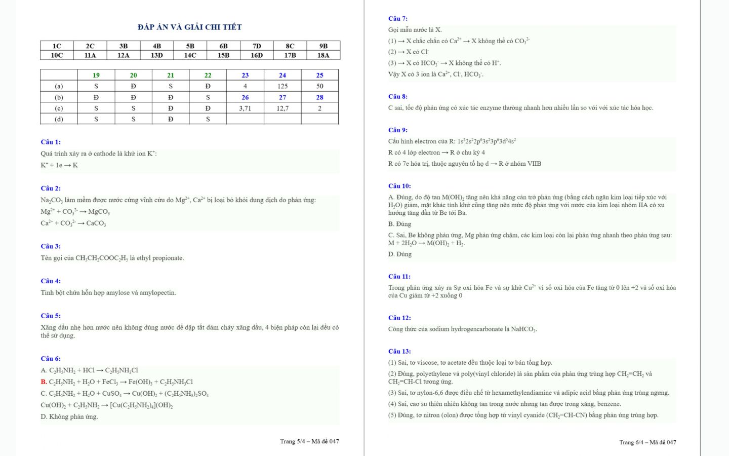 Đáp án đề thi thử tốt nghiệp THPT 2025 môn Hóa TPHCM trang 5 và 6